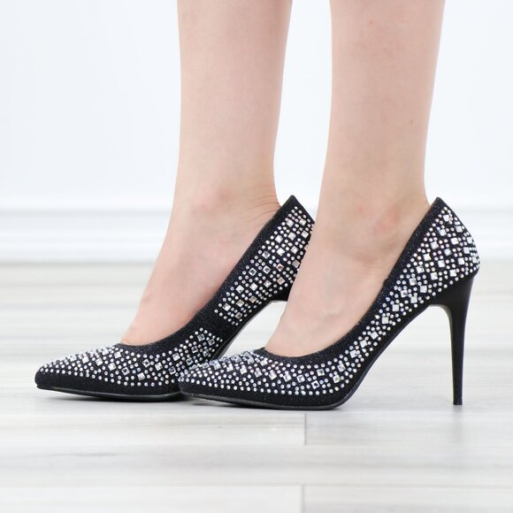 Sparkly Diamond Rhinestone Glitter  Black Pointy Toe Needle High Heel Stiletto - Picture 13 of 15